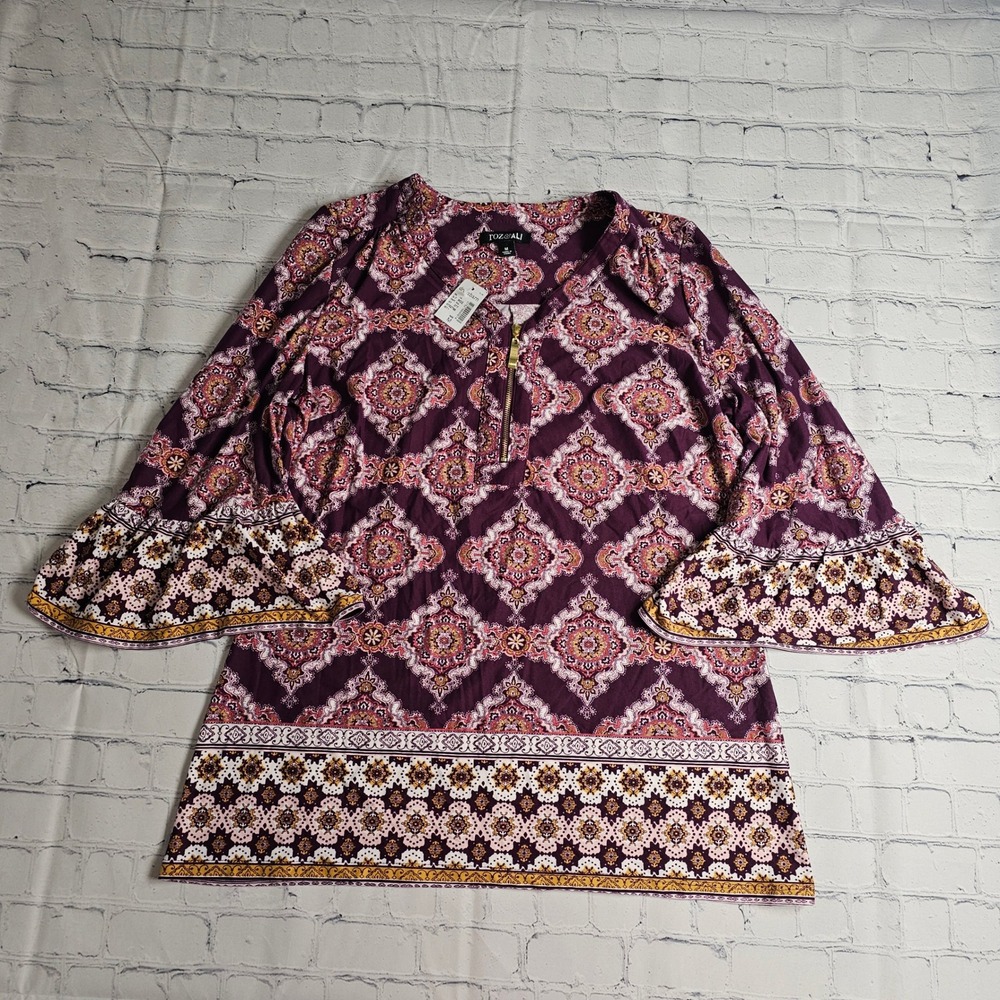 NEW Roz & Ali Purple Medallion Print Bell Sleeve Zip Front‎ Tunic Top Size M